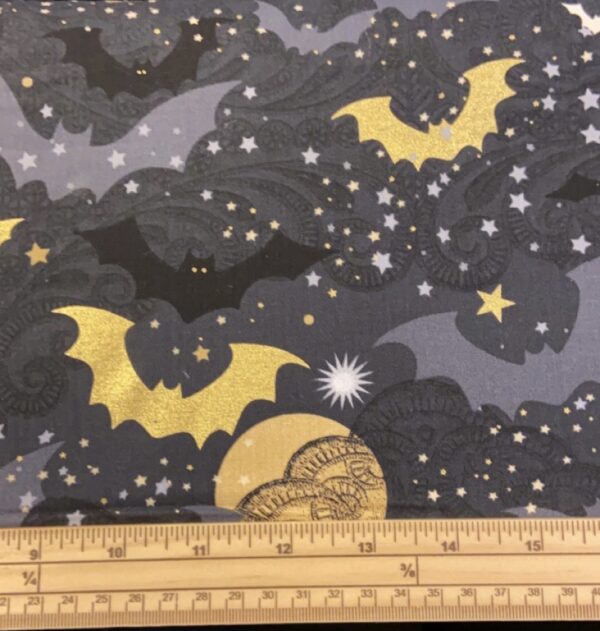 Fat Quarter Halloween Gothic Glam Gold Metallic Bats On Dark Grey 100% Cotton Fabric