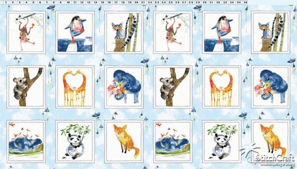 Friends In Wild Places Animals 18 Piece Panel 100% Cotton Print Fabric