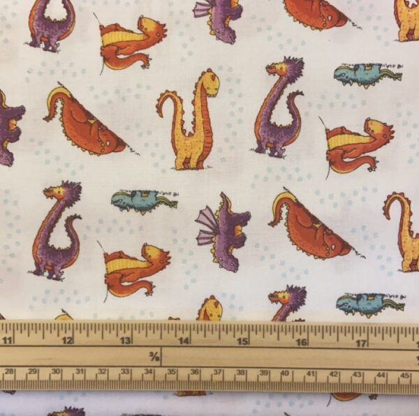 Fat Quarter Dragons Cartoon Dragons Multi Colored White 100% Cotton Quilting Fabric