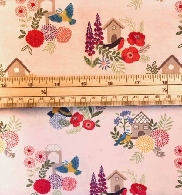 Fat Quarter Grandmas Garden Bird Houses Floral On Pink 100% Cotton Fabric