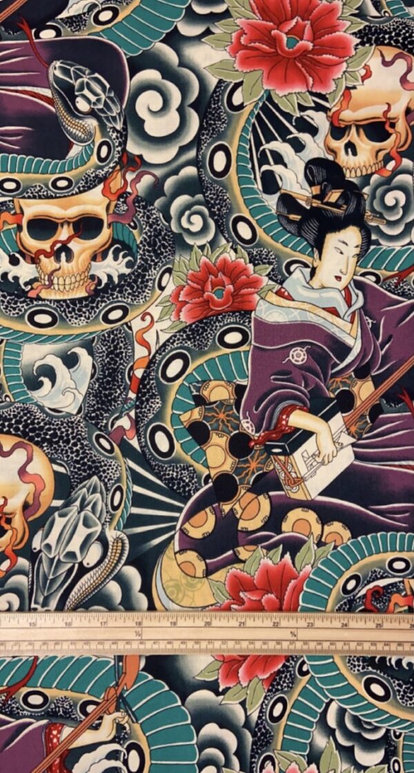 Fat Quarter Zen Garden Japanese Tattoo Designs Skull 100% Cotton Quilting Fabric