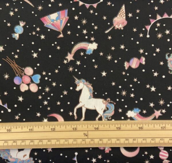 Fat Quarter Glitter Bubblegum Unicorns And Treats on Black 100% Cotton Quilting Fabric