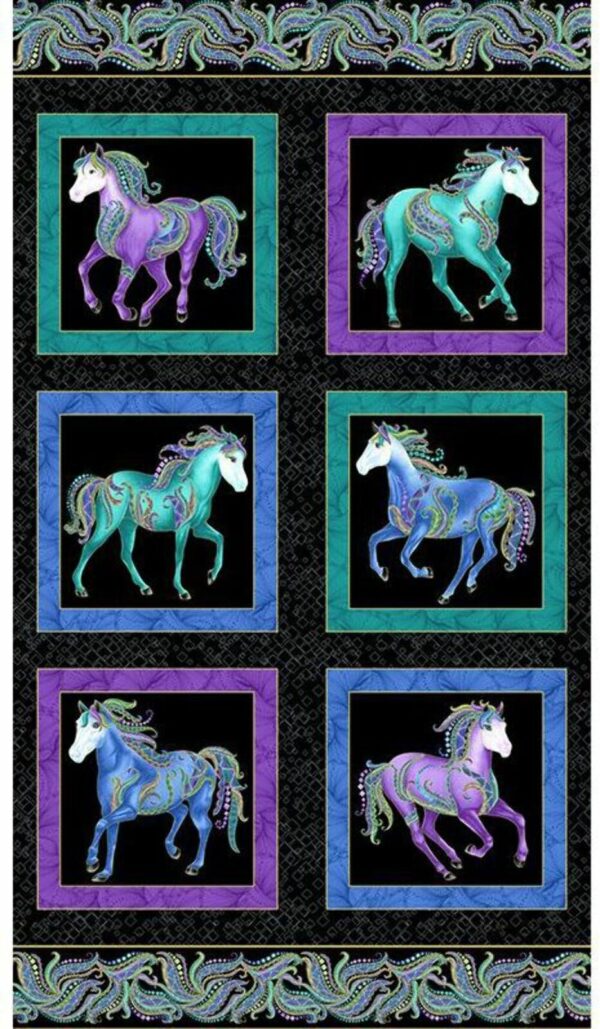 Horsen Around Metallic Rainbow Horses On Black Panels 100% Cotton Print Fabric