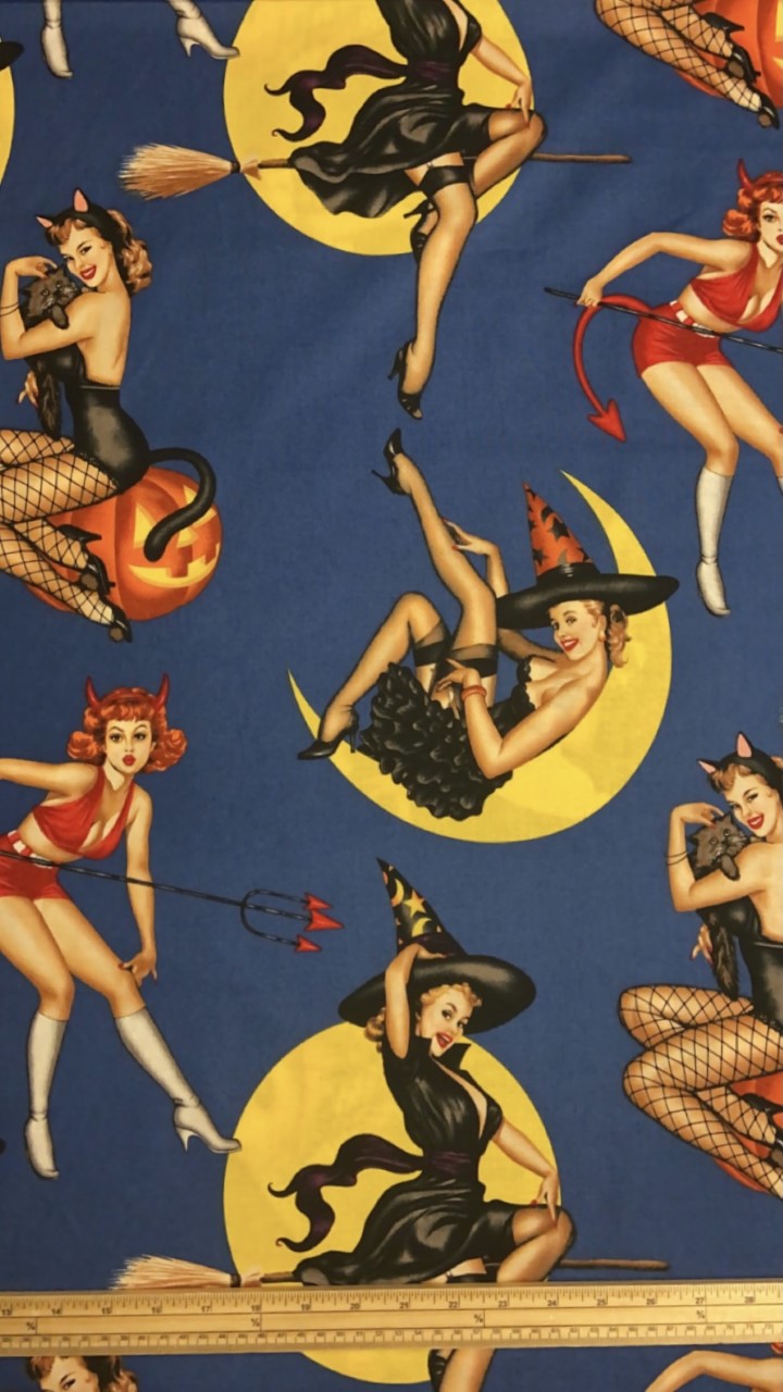 Fat Quarter Bewitched Retro Sexy Halloween Girls On Blue 100% Cotton Quilting Fabric
