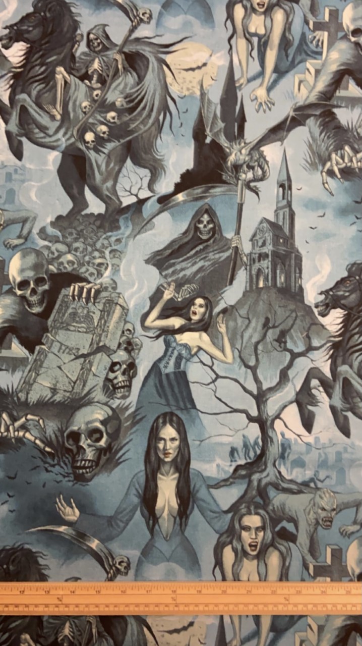 Fat Quarter Midnight Shadows Death, Vampires On Blue 100% Cotton Quilting Fabric