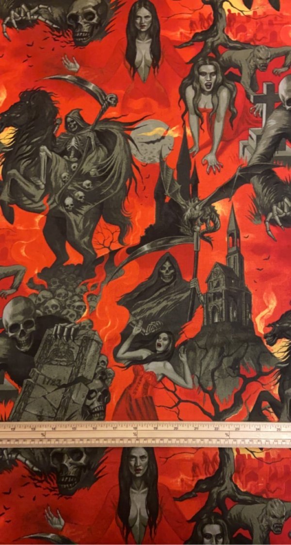 Fat Quarter Midnight Shadows Death, Vampires On Red 100% Cotton Quilting Fabric