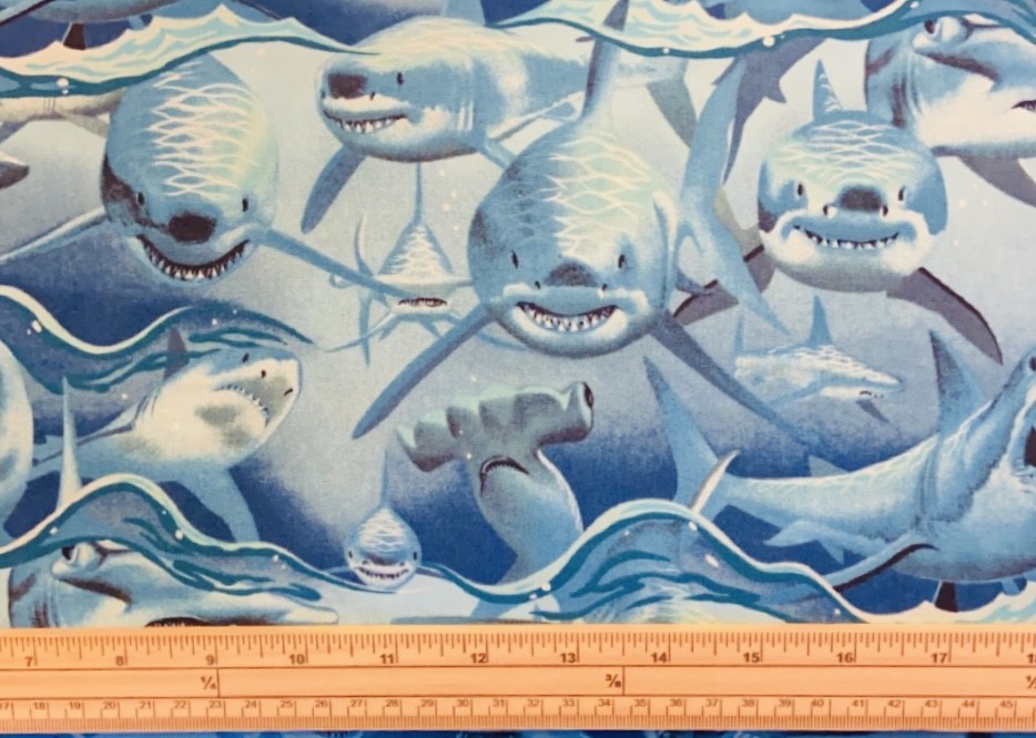 Fat Quarter Dangerous Waters Killer Sharks Blue 100% Cotton Quilting Fabric