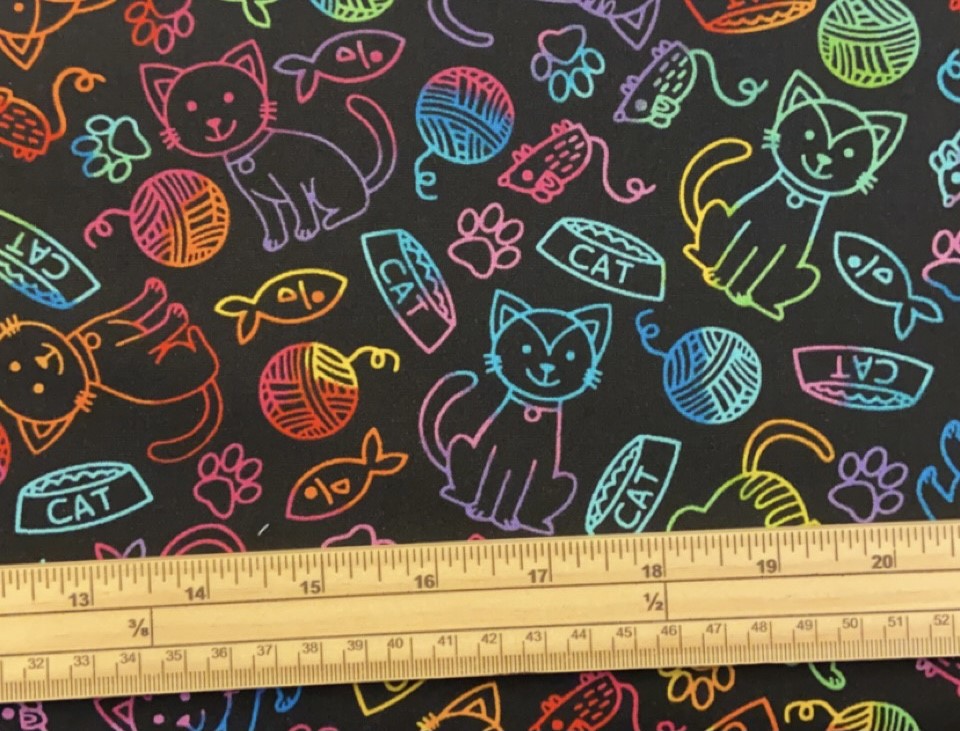Fat Quarter Rainbow Outline Cats And Play On Black 100% Cotton Quilting Fabric