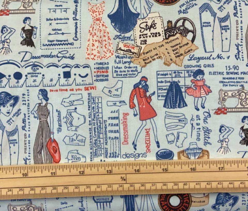 Fat Quarter Sew Vintage Clothing Patterns On Blue 100% Cotton Quilting Fabric