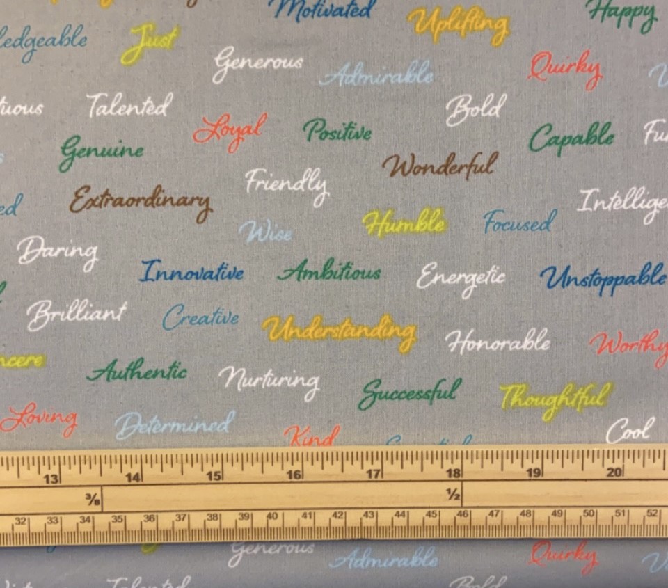 Fat Quarter Appreciation Inspiring Rainbow Words On Grey 100% Cotton Fabric