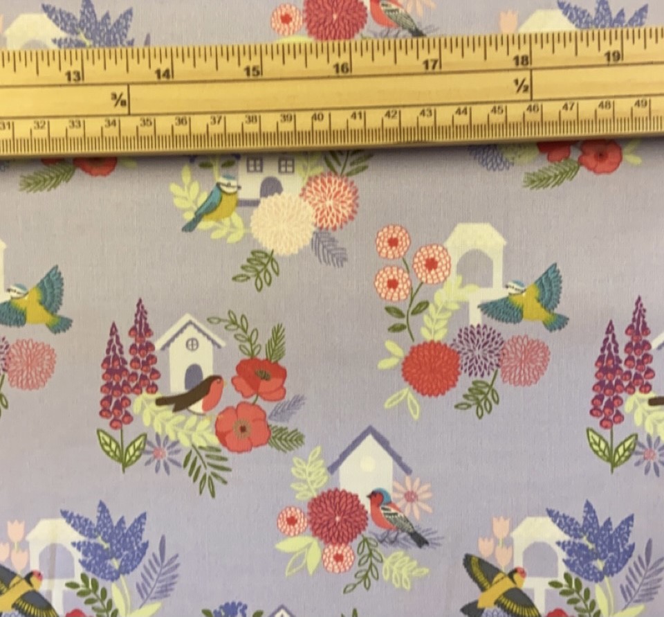 Fat Quarter Grandmas Garden Bird Houses Floral On Purple 100% Cotton Fabric