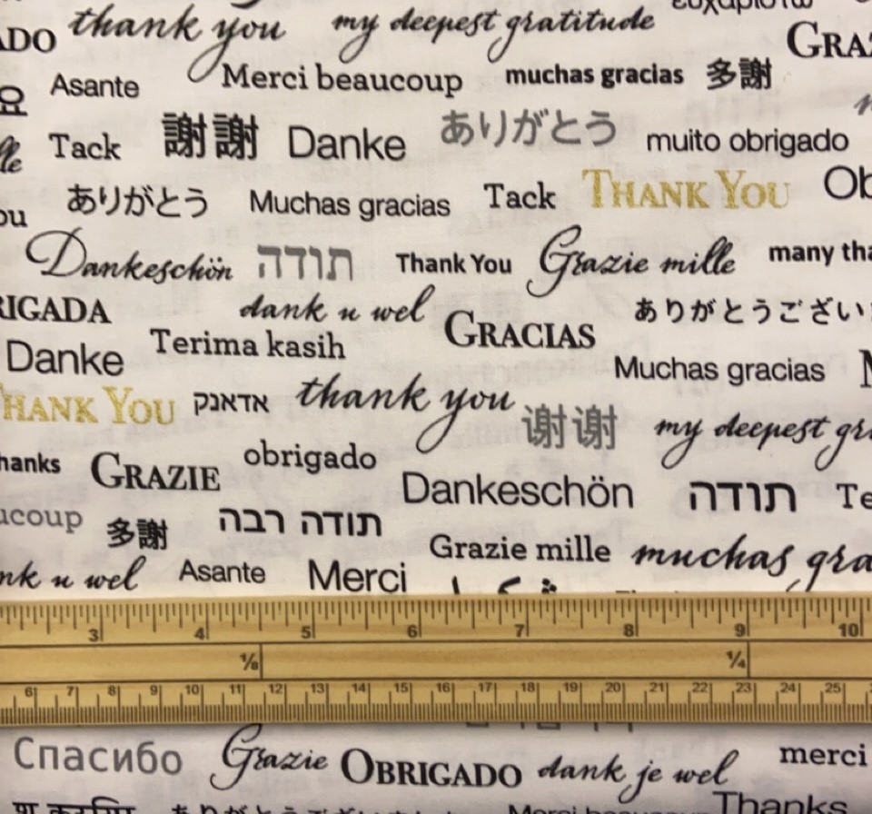 Fat Quarter Appreciation Thank You Multiple Languages 100% Cotton Fabric