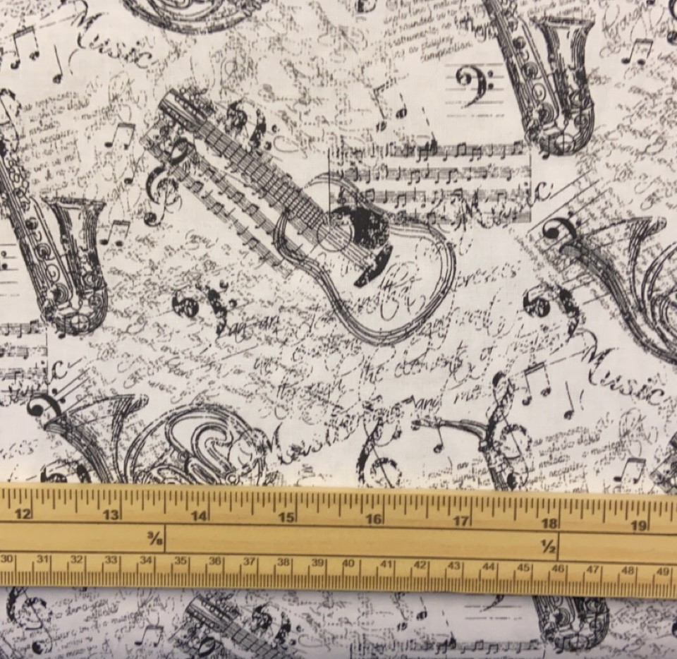 Fat Quarter Black Music Instruments And Notes On White 100% Cotton Quilting Fabric