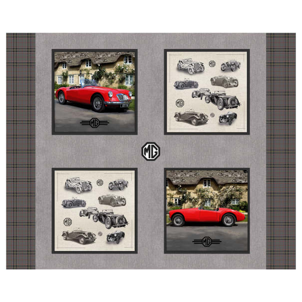MG Vintage Cars Red 4 Panels Logo 100% Cotton Print Fabric