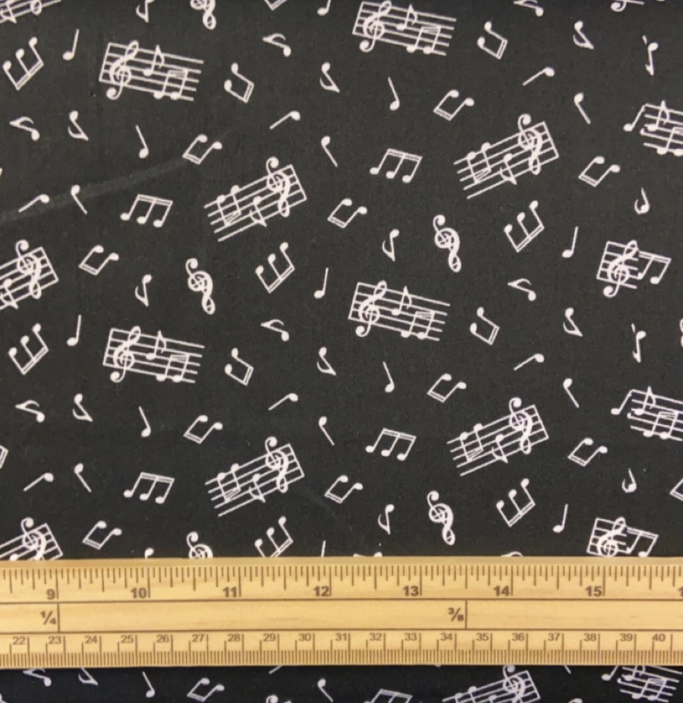 Fat Quarter Scattered White Music Notes On Black Nutex 100% Cotton Quilting Fabric