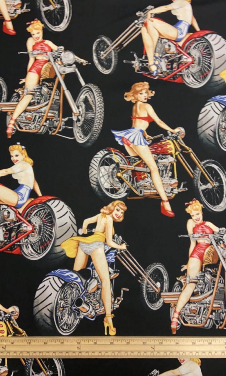 Fat Quarter Hot Rods Retro Sexy Girls On Motorcycles 100% Cotton Quilting Fabric