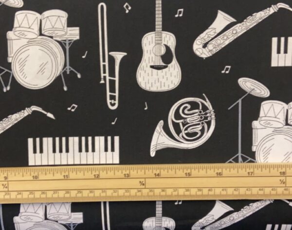 Fat Quarter White Band Music Instruments On Black 100% Cotton Quilting Fabric