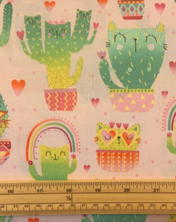 Fat Quarter Kitty Rainbow Cacti On Pink 100% Cotton Quilting Fabric