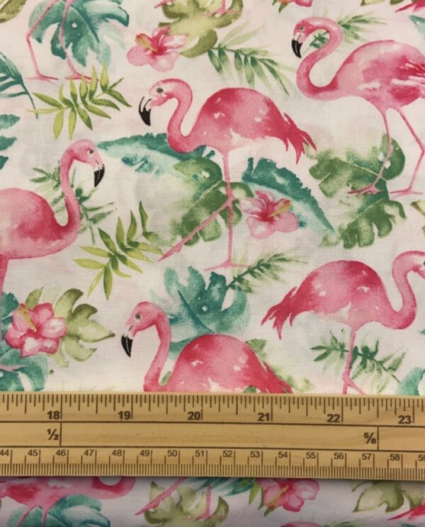 Fat Quarter Water Colored Flamingos And Leaves On White 100% Cotton Quilting Fabric