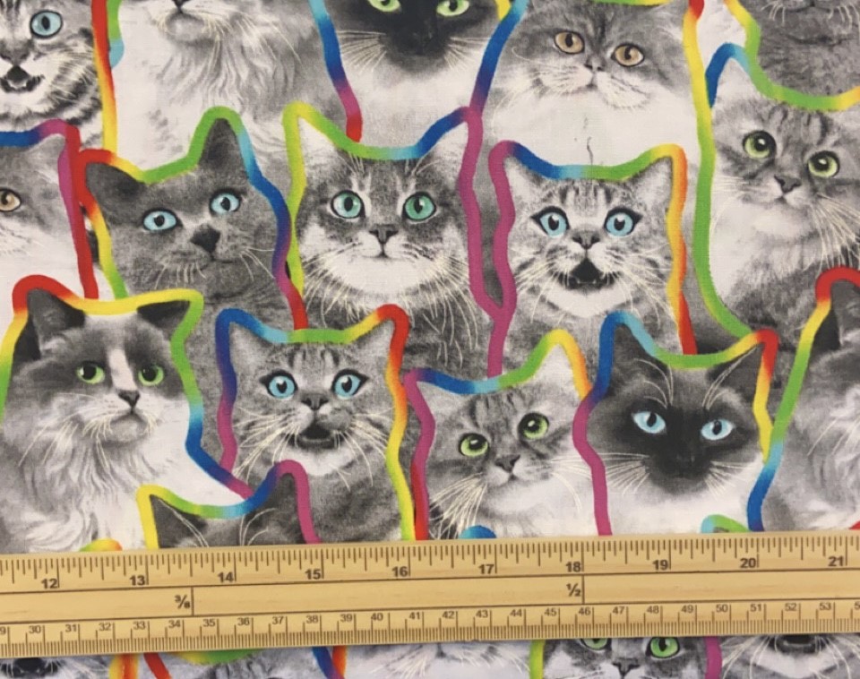Fat Quarter Stacked Grey Cats Rainbow Outlines 100% Cotton Quilting Fabric