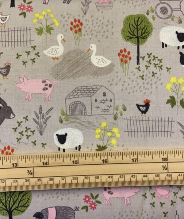 Fat Quarter Farmyard Piggy Tales On Mid Grey 100% Cotton Quilting Fabric