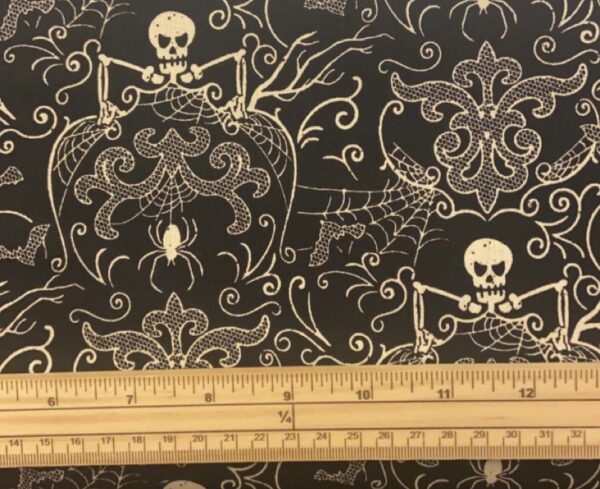 Fat Quarter Midnight Halloween Spooky Skeleton Damask Black 100% Cotton Quilting Fabric