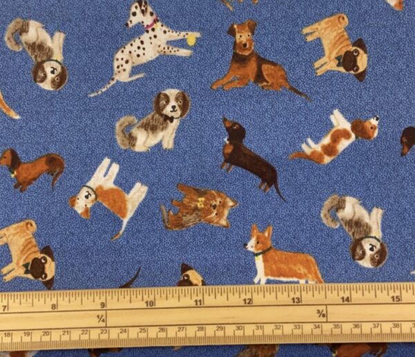 Fat Quarter Uptown Dogs Allover On Blue Pug, Corgi, Dalmatian 100% Cotton Quilting Fabric