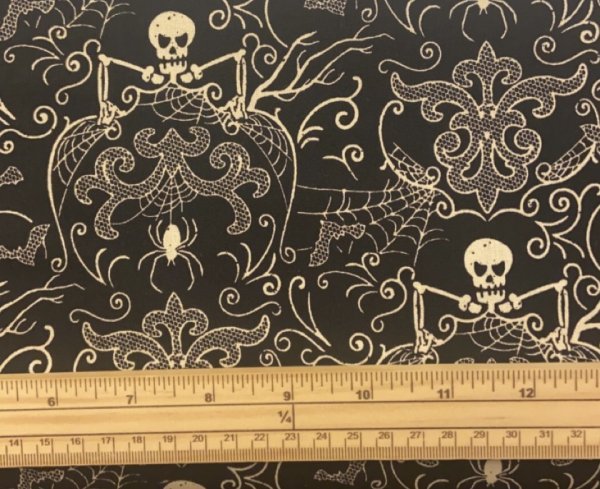 Fat Quarter Midnight Halloween Spooky Skeleton Damask Black 100% Cotton Quilting Fabric