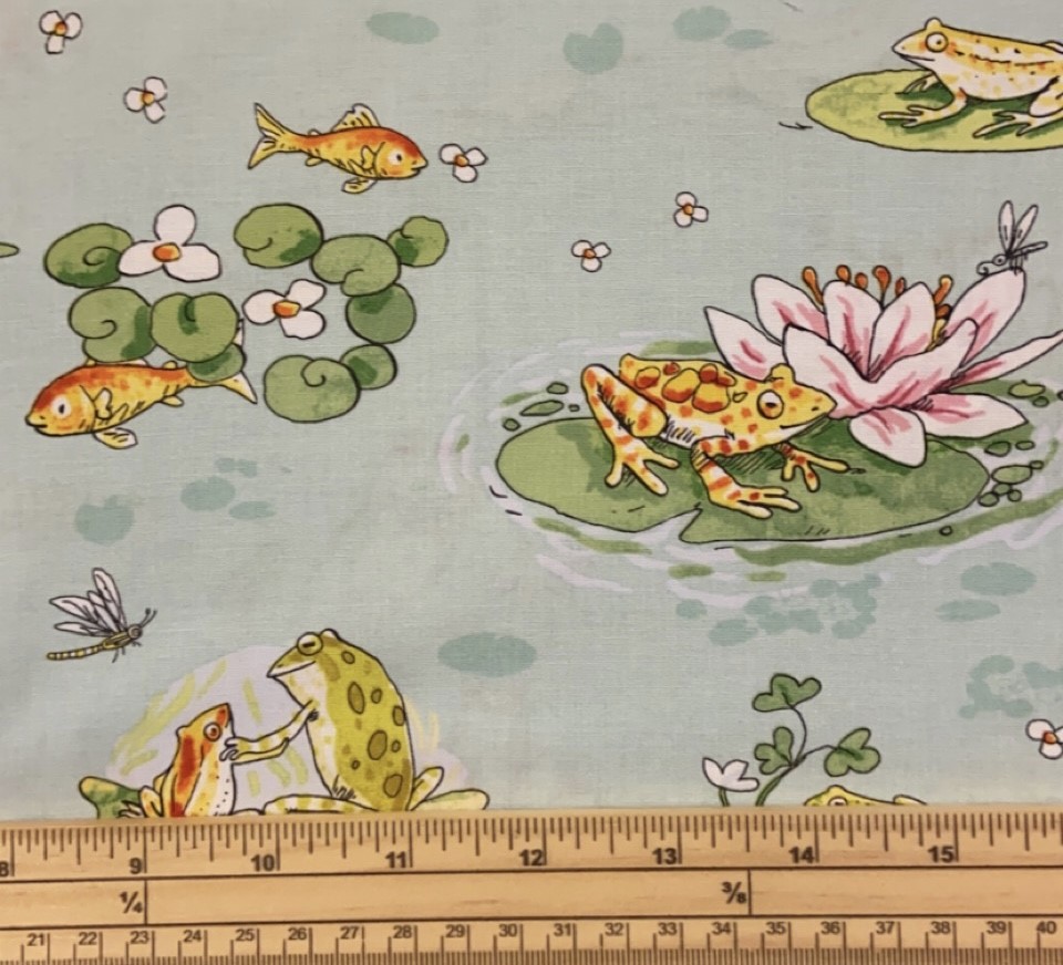 Fat Quarter Leap Frog Frog Scene On Blue 100% Cotton Quilting Fabric