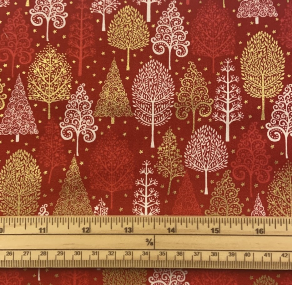 Fat Quarter Scandi Christmas Trees Metallic Red 100% Cotton Quilting Fabric