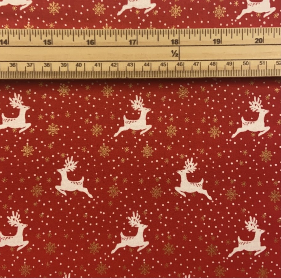 Fat Quarter Scandi Christmas Reindeer And Metallic Snowflakes Red 100% Cotton Quilting Fabric