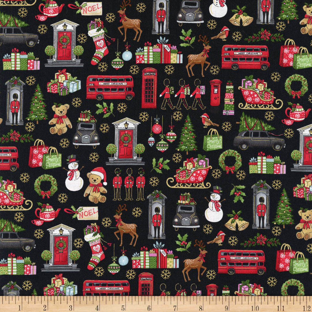 Fat Quarter London Christmas Icons Black 100% Cotton Quilting Fabric