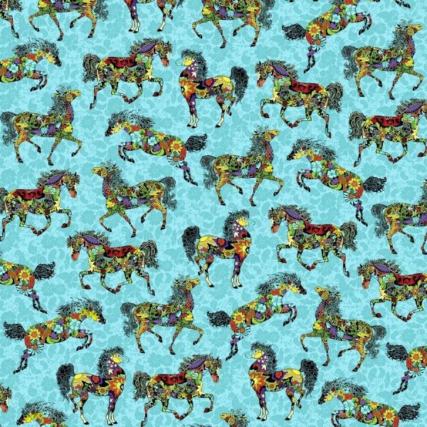 Fat Quarter Painted Ponies On Aqua Blue 100% Cotton Quilting Fabric