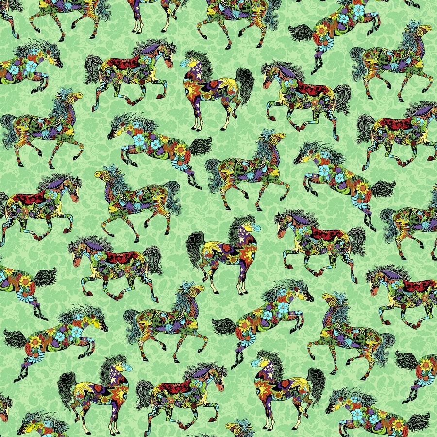 Fat Quarter Painted Ponies On Green 100% Cotton Quilting Fabric