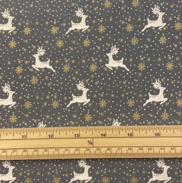Fat Quarter Scandi Christmas Reindeer And Metallic Snowflakes Grey 100% Cotton Quilting Fabric
