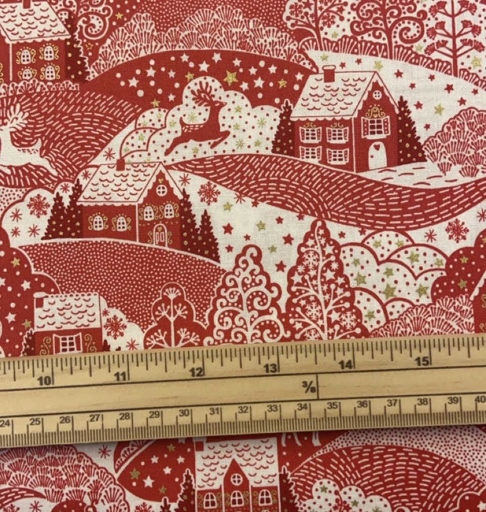 Fat Quarter Scandi Christmas Metallic Scene Red 100% Cotton Quilting Fabric