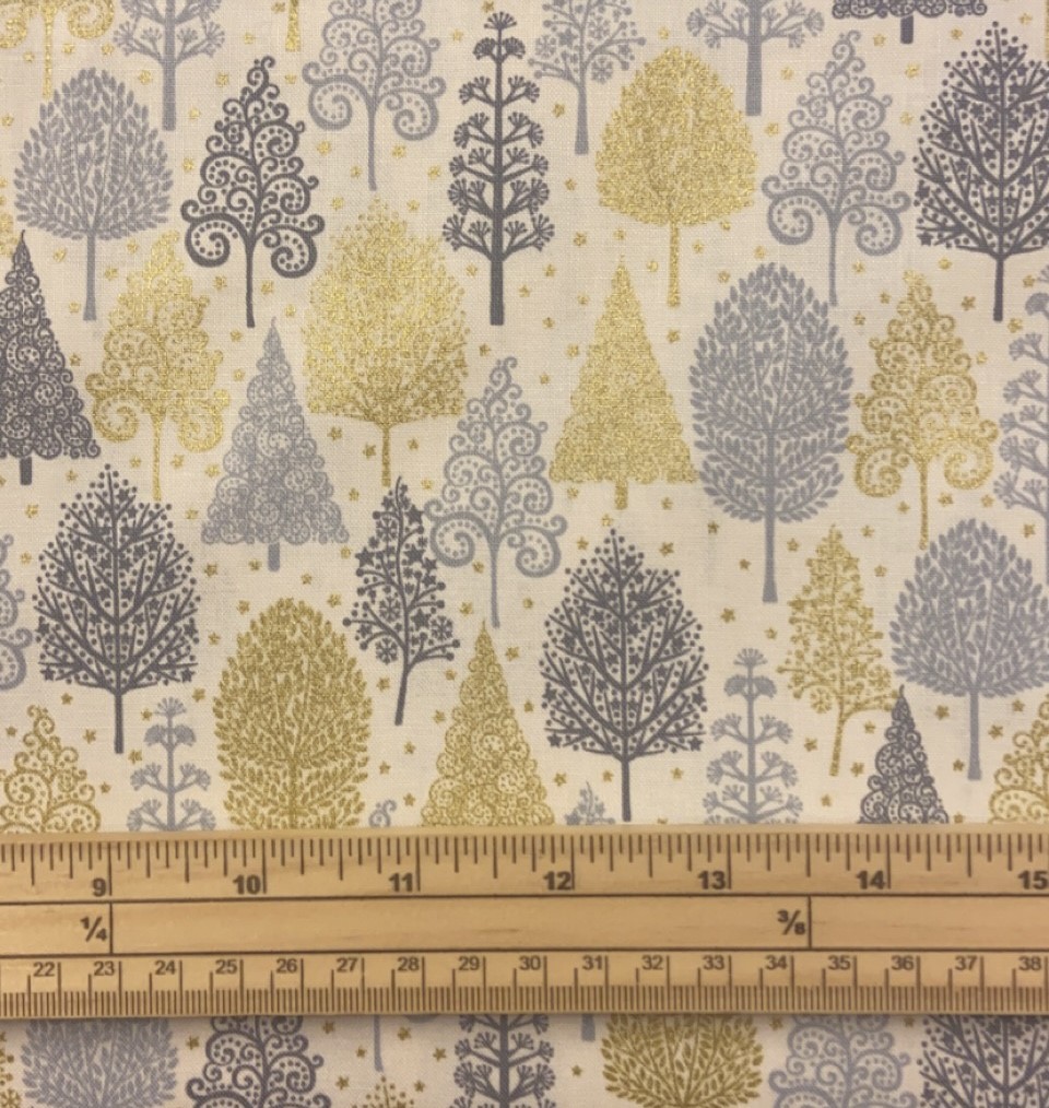 Fat Quarter Scandi Christmas Trees Metallic Cream 100% Cotton Quilting Fabric