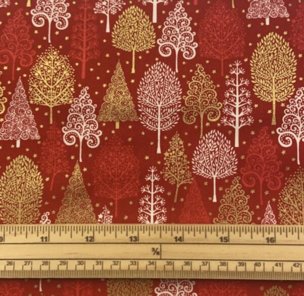 Fat Quarter Scandi Christmas Trees Metallic Red 100% Cotton Quilting Fabric