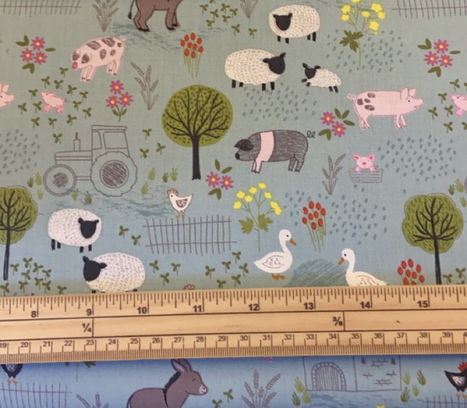Fat Quarter Farmyard Piggy Tales On Duck Egg Blue 100% Cotton Quilting Fabric