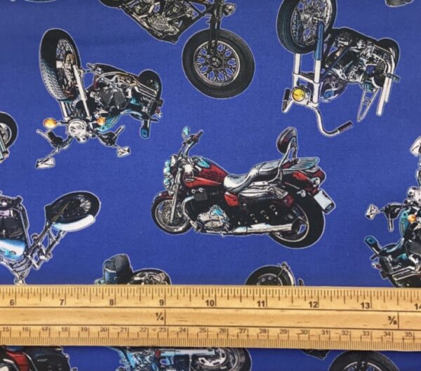 Fat Quarter On The Road Motorbikes On Royal Blue 100% Cotton Quilting Fabric