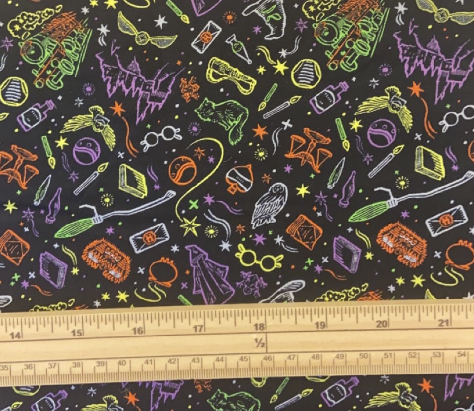 Fat Quarter Harry potter Artifacts Rainbow On Black 100% Cotton Quilting Fabric