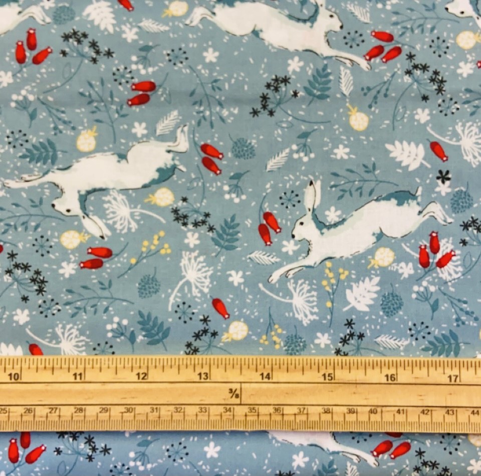 Fat Quarter Christmas Hare On Duck Egg Blue 100% Cotton Quilting Fabric