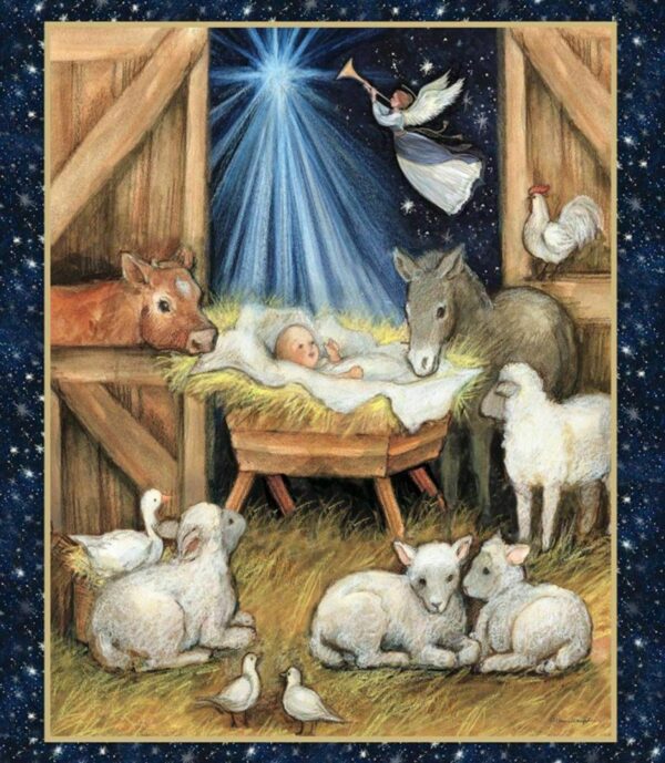 Blessed Birth Christmas Nativity Barn Scene 100% Cotton Quilting Fabric Panel