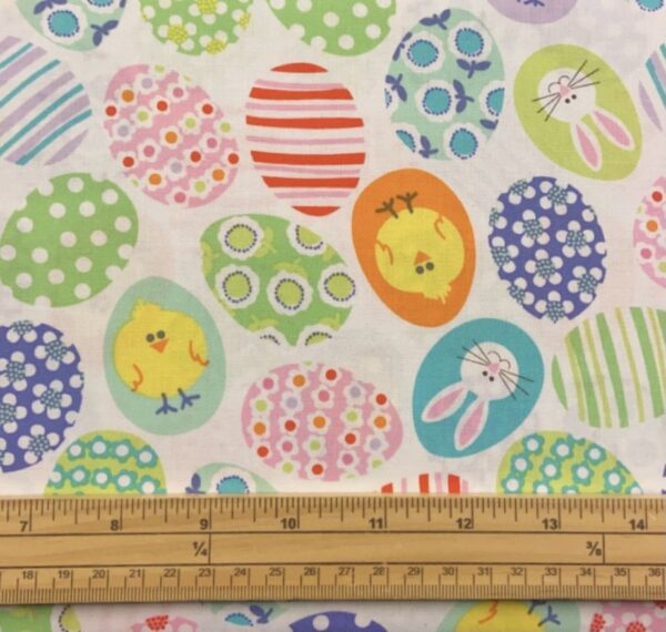 Fat Quarter Funny Bunnies Easter Easter Eggs On White 100% Cotton Quilting Fabric