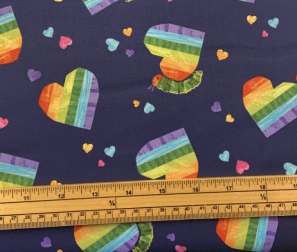 Fat Quarter Very Hungry Caterpillar Rainbow Hearts Navy 100% Cotton Quilting Fabric