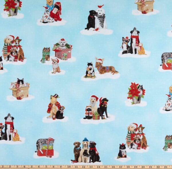 Fat Quarter Holly Jolly Christmas Cats And Dogs Blue 100% Cotton Quilting Fabric