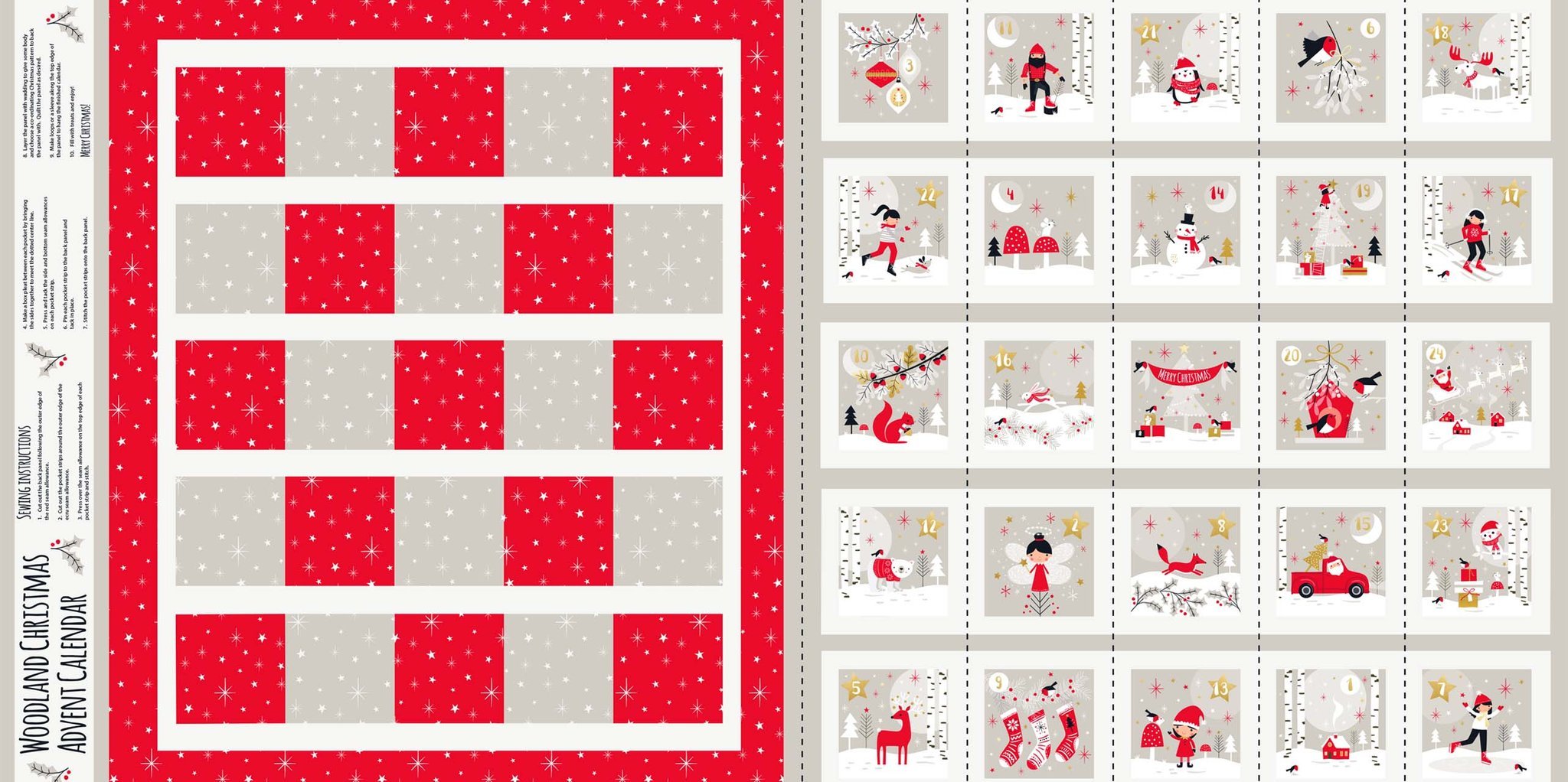 Woodland Christmas Advent Panel 100% Cotton Print Fabric