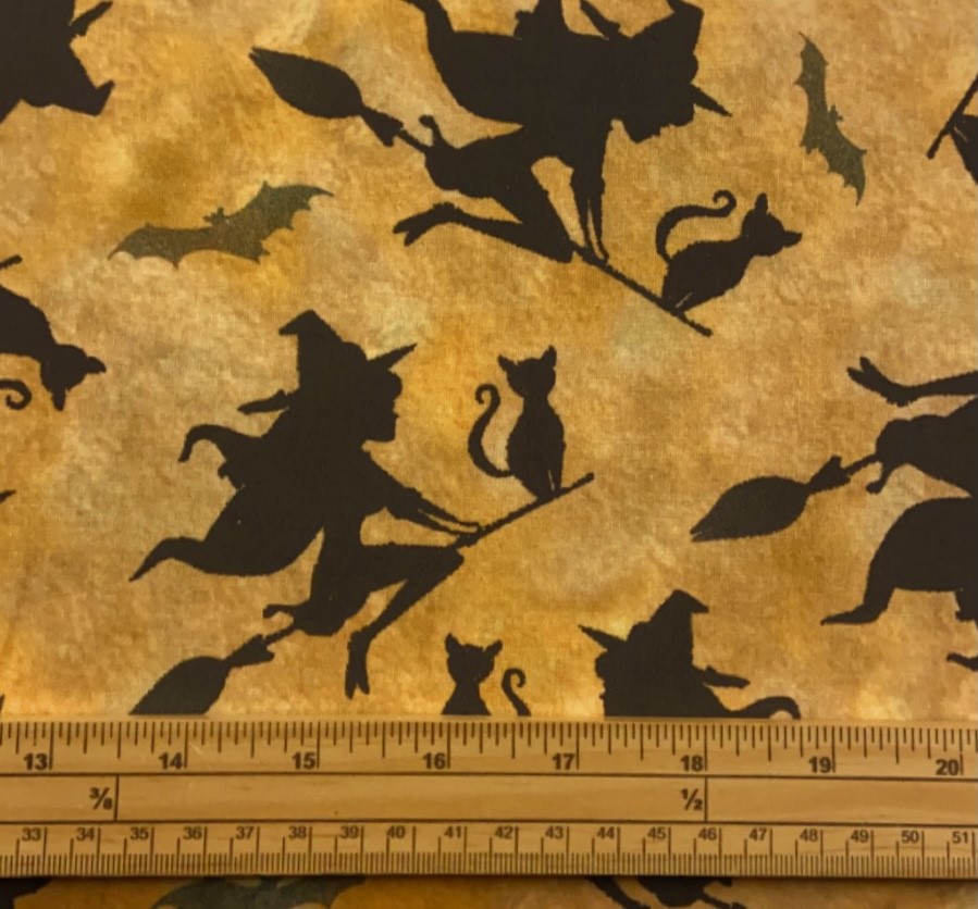 Fat Quarter Spooky Halloween Witches Bats And Black Cats On Gold 100% Cotton Quilting Fabric