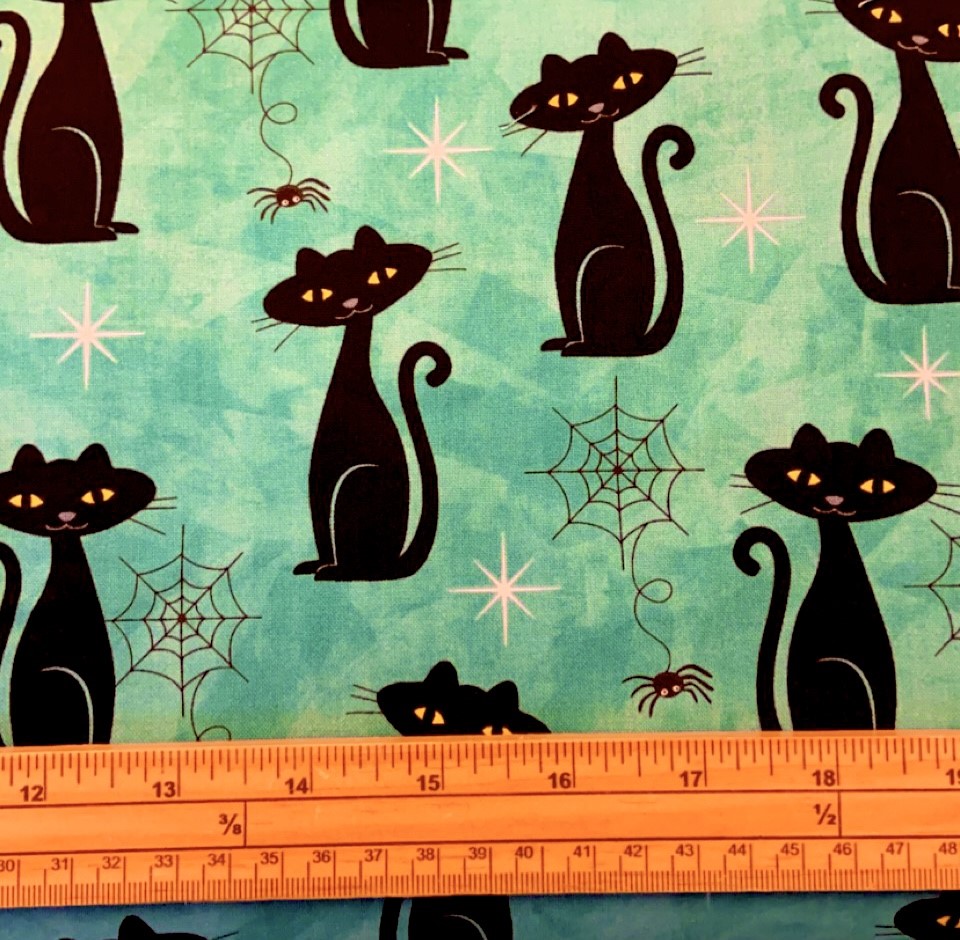 Fat Quarter Spooky Halloween Black Cat Charms Teal 100% Cotton Quilting Fabric