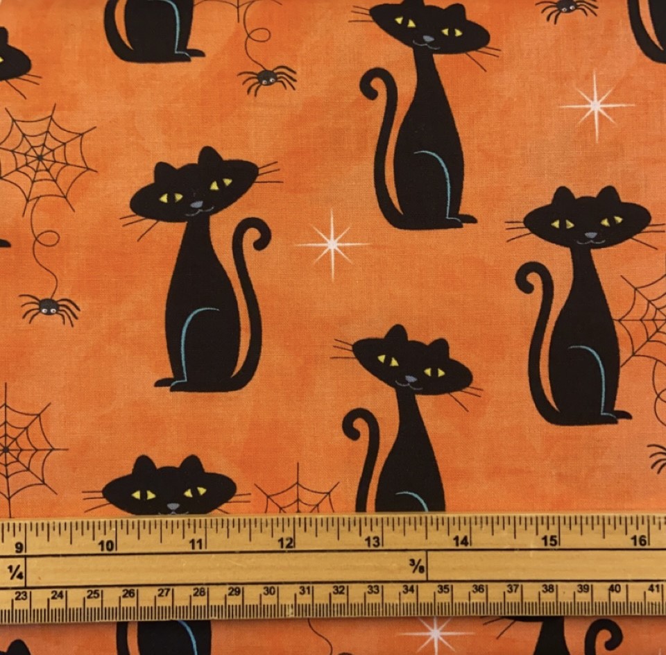 Fat Quarter Spooky Halloween Black Cat Charms Orange 100% Cotton Quilting Fabric